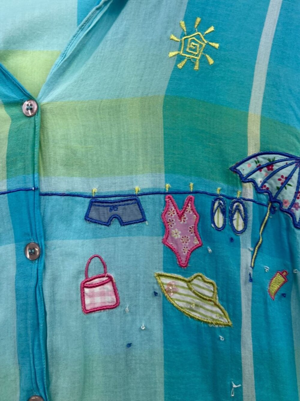 Bobbie Brooks Women's Embroidered Button Down Shirt 3/4 Sleeve Size M Blue Plaid - Picture 5 of 12